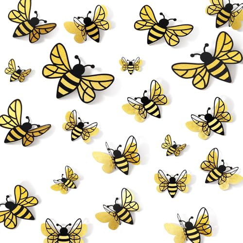 Feifeiya 30 Pcs 3D Bee Decor - 5 Sizes Glitter Honey Bumble Wall Decoration for Classroom Bee Themed Decals Large Confetti Cute Adhesive Birthday Party Baby Shower Outdoor Home Garden(Chic Style)