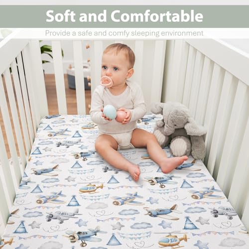 Image of Vintage Planes Airplanes Helicopters Baby Crib Sheets Boy Girl 28 inchx52 inch Retro Stars Plane Clouds Sky Soft Stretchy Fitted Crib Mattress Cover Baby Sheet for Standard Crib & Toddler Mattress Pad