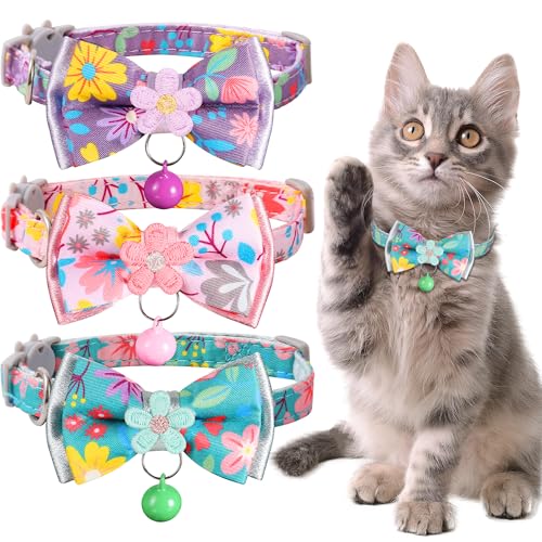 Cat Collar Breakaway HYQHYX Floral Kitten Collar with Bell Cute Cat Collar with Bow for Girl Boy Removable Bowtie