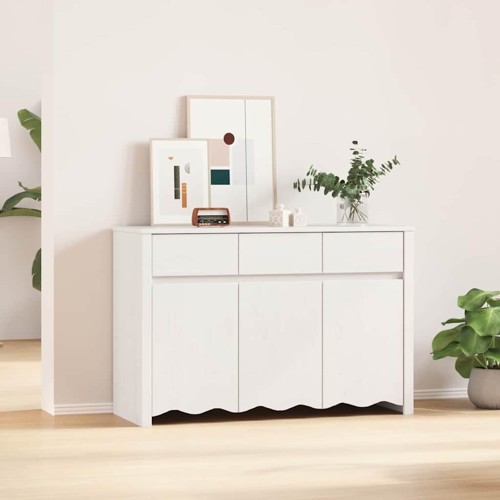 Credenza bianca, 114 x 43 x 75,5 cm, in legno massello di pino con