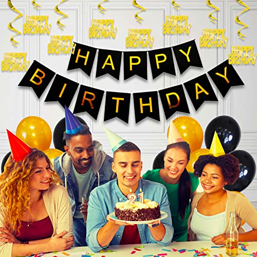 Image of Party Propz 43 Pcs Black & Gold Happy Birthday Banner, Balloons, Swirls Decoration Combo for 21st / 30th / 40th / 50th / 60th / Women /Adult /Kids Birthday Decoration