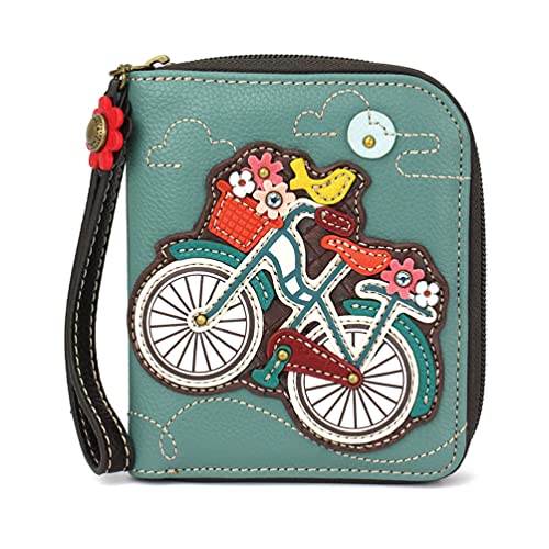 Image of CHALA Zip Around Wallet, Wristlet, 8 Credit Card Slots, Sturdy Pu Leather - Bicycle - Teal