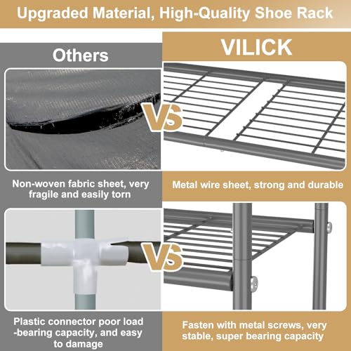 Image of VILICK 3 Tier Shoe Rack 33 inch Wide Metal Shoe Organizer Long Shoe Storage with 4 Side Hooks Sturdy Shoes Shelf for Front Door Entrance, Closet, Garage, Dorm, Grey