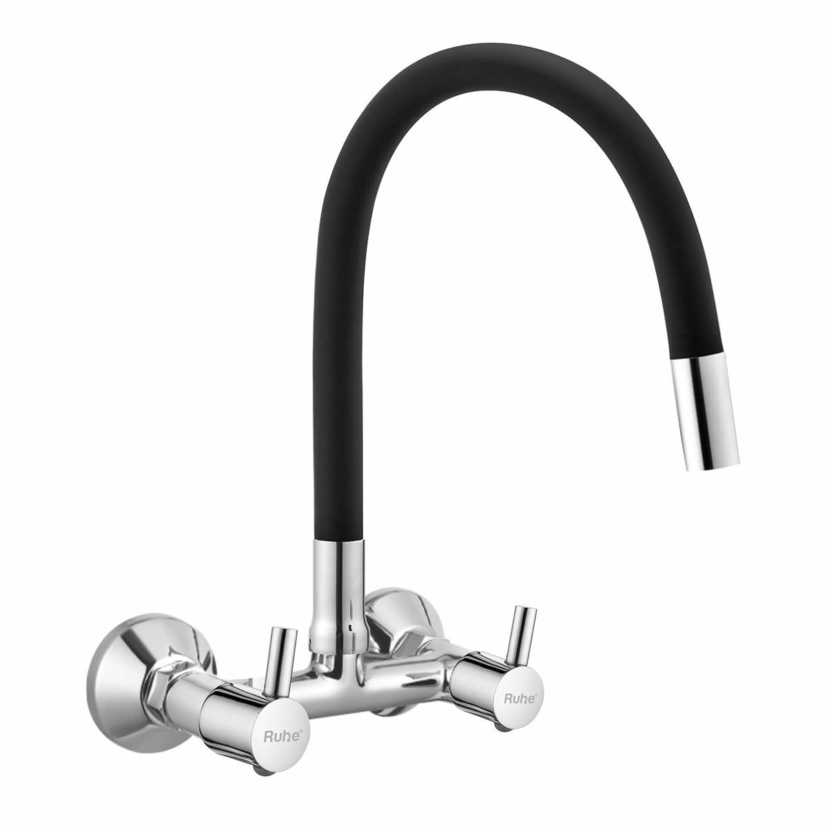Ruhe® Kara Sink Mixer Flexible Spout Faucet/Tap | (Foam Flow Function) 20Inch Double Lever Sink Mixer Flexible Silicon Black Spout Faucet/Tap | Wall Mount | Chrome Finish for Kitchen Sinks & Bathrooms