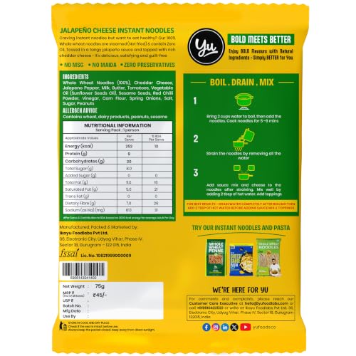 Image of Yu Foodlabs 100% Whole Wheat Jalapeno Cheese Instant Noodles - Pack of 6 - Zero Preservatives Zero Oil Zero Maida & Zero MSG - Atta Noodles Ready in 6 Mins - Veg - 420 gram (70g x 6) - Yu