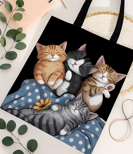 Image of Cute Cat Canvas Tote Bag for Women， Aesthetic Reusable Shoulder Bag for Shopping Travel Work