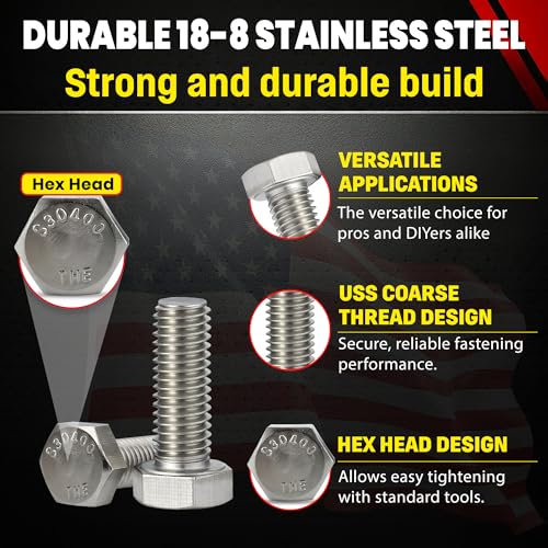 Image of Chenango Supply 5 /8-11 x 1-1 /2 inch Stainless Steel Hex Head Bolts - 304 Stainless, USS Coarse Thread, 100,000-125,000 PSI Tensile Strength, Corrosion-Resistant Hardware Bolts (10 Pack, 5 /8-11 x 1-1.5)