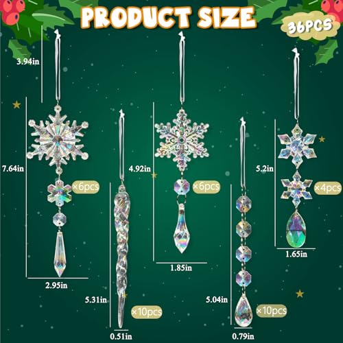 Image of GuassLee 36pcs Crystal Christmas Tree Ornaments - Iridescent Acrylic Snowflake Icicle Drop Crystal Hanging Ornaments for Christmas Tree Winter Wonderland Frozen Themed Birthday Party Decor