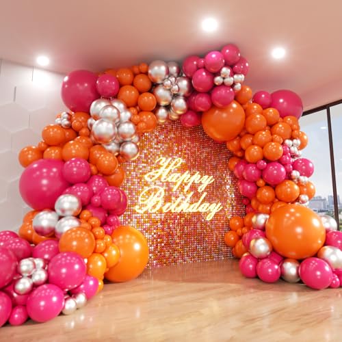 Image of Pink and Orange Balloon Arch Kit, 180Pcs Hot Pink Orange Metallic Silver Latex Balloon Garland kit, 18 12 10 5 Inch Different Size Balloons for Birthday Baby Shower Wedding Party Decorations