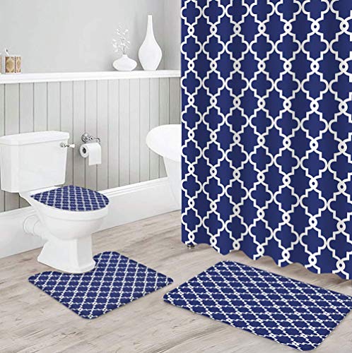 Bestlives 4 Pcs Shower Curtain Sets With Rugs Geometric Pattern Non-Slip Soft Toilet Lid Cover For Bathroom Moroccan Lattice Navy And White Quatrefoil Bathroom Sets With Bath Mat And 12 Hooks #TOP2