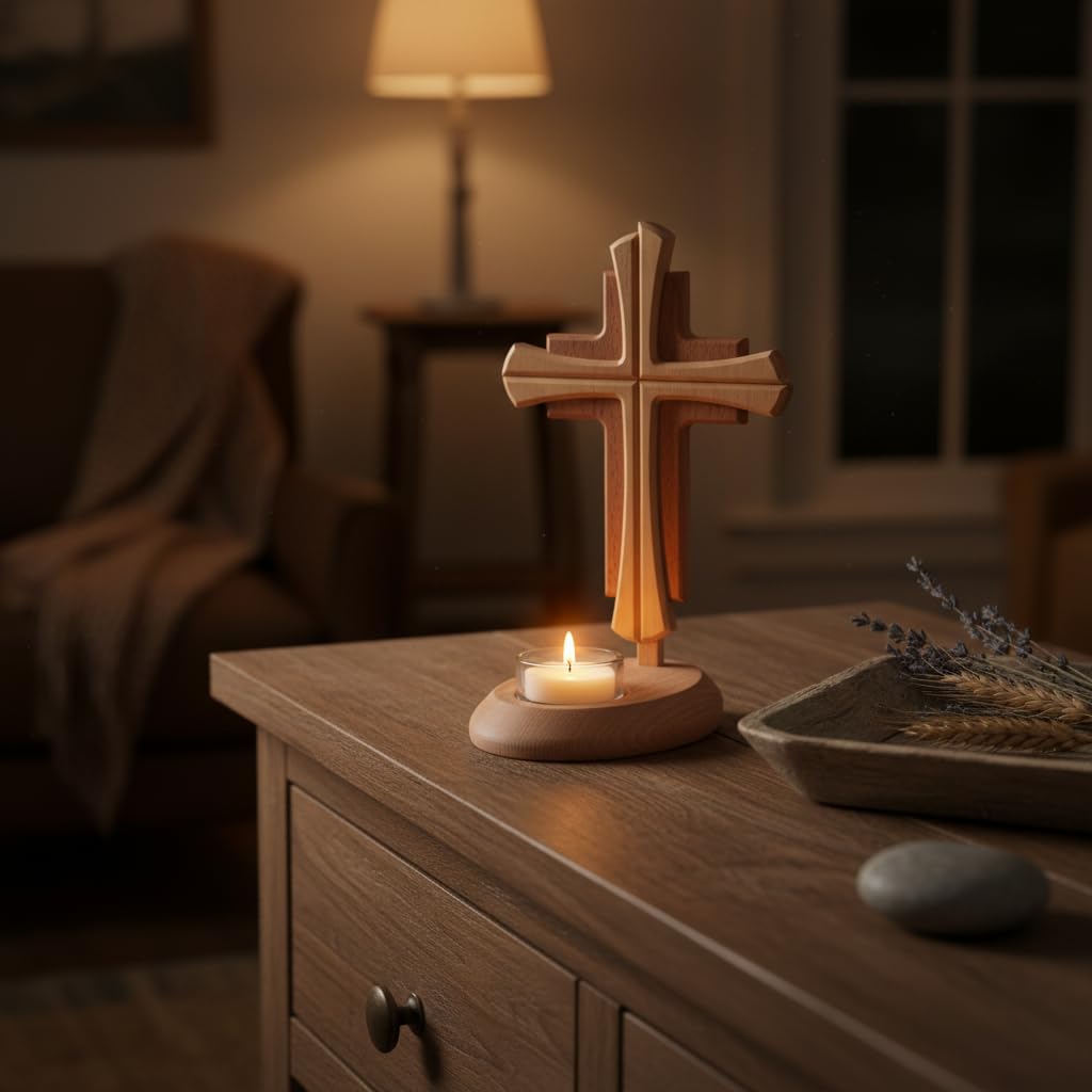 Modernes Echtholz Kreuz mit Kerzenhalter – 25 cm Standkreuz aus Buche & Ahorn – Christliche Geschenkidee zur Kommunion, Taufe, Firmung & Weihnachten