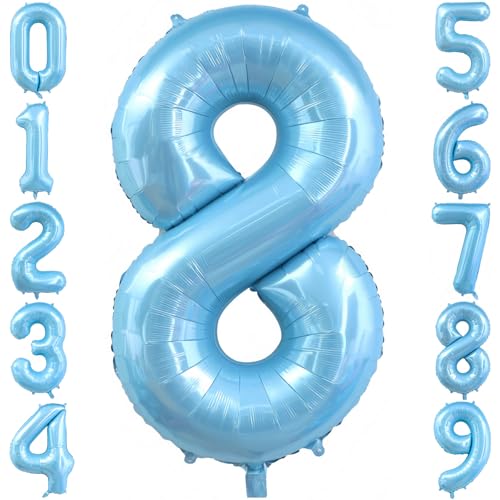Image of Pastel Blue 8 Balloon Number, Light Blue 8 Balloons for Birthday Party | Number 8 Balloon,40 Inch,Pastel Blue,Helium-fillable,8 Foil Mylar Balloons,for Birthday Party Anniversary Decorations