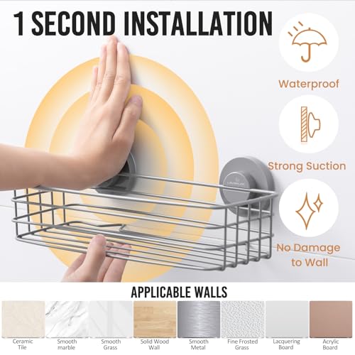 Image of LEVERLOC Shower Caddy Suction Cup, 2 Pack Shelves for Inside with Hooks | Grey Shower Storage, Soap Holder, Shampoo Holder, NO Drill Shower Holder, Rustproof Meatl Bathroom Basket