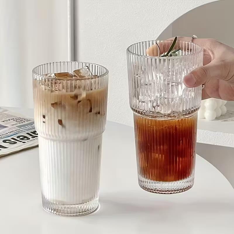 Image of PrimeWorld Ribbed Glass Tumblers - 6-Piece Set (350ml Each) | Thickened Highball Glasses for Iced Coffee, Smoothies, Cocktails & Juices | Elegant & Durable Drinkware for Home, Office & Travel
