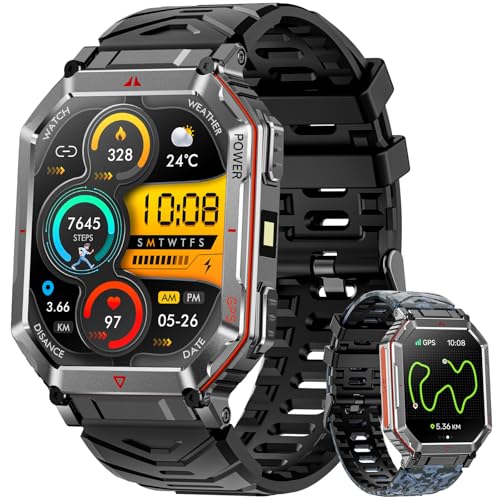 Orologio intelligente militare per uomini con GPS/bussola, assistente vocale GPT, display HD 2.01', chiamate Bluetooth, tracker fitness con modalità, compatibile con Android e iOS (Nero)