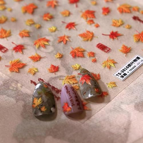 Image of Maple Leaf Nail Stickers Fall Nail Art Decals with Design 5D Embossed Self Adhesive Autumn Leaf Nails Decals for Nails Art Thanksgiving Nail Decoration Fall Nails Supplies for Women DIY Manicure