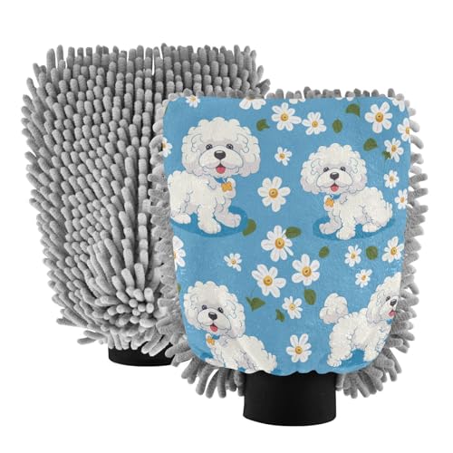 ALAZA Cute Dog Puppy Daisy Car Wash Mitt Scratch Free, 2 Pack Absorbent Microfiber/Chenille Washing & Drying Mitts, L