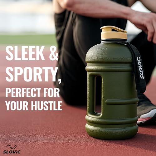 Image of SLOVIC Gallon Water Bottle 2 + Litre | Gym Motivational Sipper Water Bottle for Adults | 100% BPA Free & Leakproof | 2 Litre Sipper for Men & Women with Ergonomic Handle | Dark Green | 2200 ML