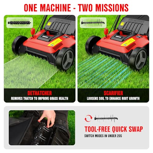 EWORK Electric Dethatcher and Scarifier 14-Inch 12 Amp 2-in-1 Lawn Dethatcher and Aerator with Collection Bag, Blade Replacement Without Tool, 5-Position Depth Adjustment for Gardening Care