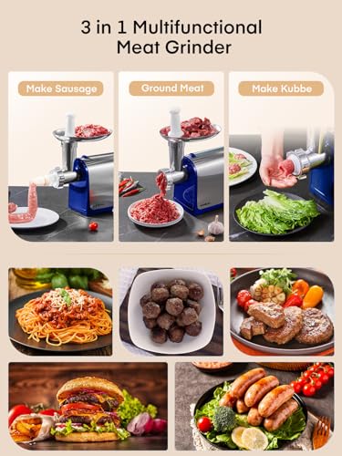 Image of Electric Meat Grinder, Sausage Stuffer with 3 Sausage Tubes, 2 Blades, 3 Plates, 3200W Max, Meat Grinder Heavy Duty for Home Kitchen Use, Stainless Steel (Blue)