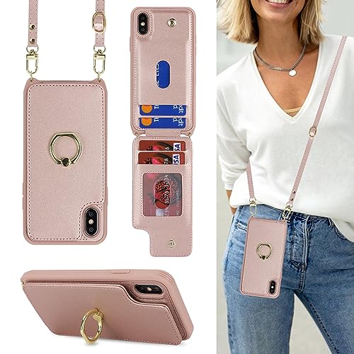 Image of for iPhone Xs Max Case with Card Holder and Strap for Women,Crossbody Lanyard,Kickstand Ring Stand,Snap Clasp,Phone Wallet Cases 6.5 inch(Rose Gold)