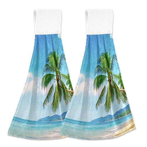 YYZZH Pretty Tropical Beach Palm Tree Holiday Ocean Kitchen Hand Towels with Hook & Loop Set of 2 Absorbent Bath Hand Towel Hanging Tie Towel