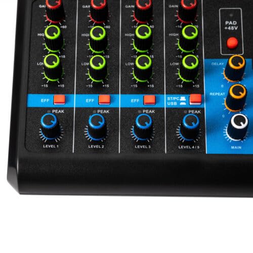 Audio DJ Mixer Soundboard Console System, 5-Kanal 48V Phantomspeisung mit Bluetooth USB MP3 Stereo Live DJ Studio Streaming für professionelle Aufnahmen Parties auf KTV Bühne