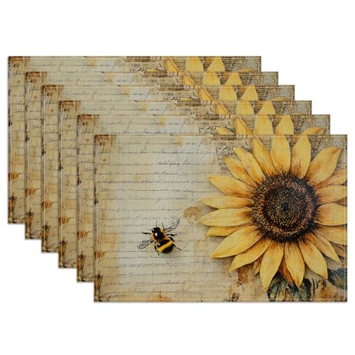 Vintage Sunflower Bee Placemats Set of 6, Washable Heat Resistant Table Mat Linen Place Mats for Party Kitchen Dining Home Decor 12x18 Inch