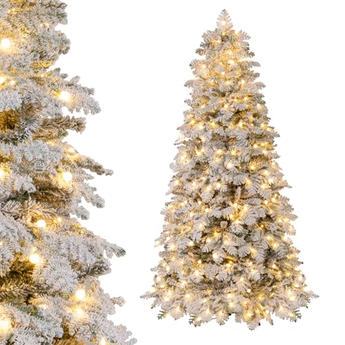 COSTWAY Árvore de Natal Nevada 210cm, Árvore de Natal com Luzes Incorporadas, 160 Bolinhas Cintilantes, 320 Luzes LED, Branco Quente, 8 Modos, 806 Pontas de PVC e PE, Árvore de Natal c/Luz (210cm)