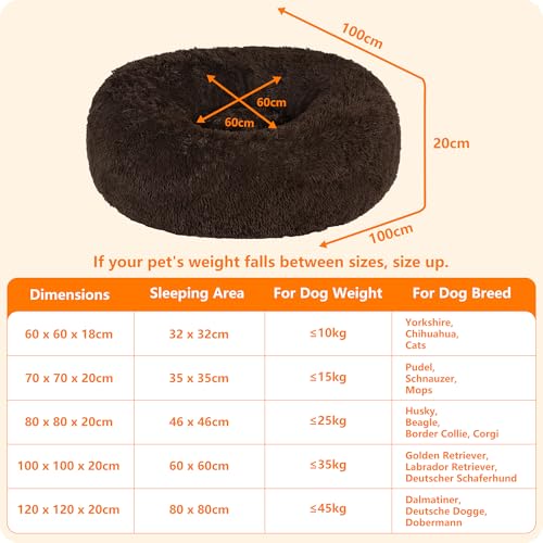 HMTOPE Orthopädisches Hundebett rund Hundekissen Hundesofa Katzenbett Donut Kuscheliges Hundekorb Waschbar, 100 cm Ø, Braun