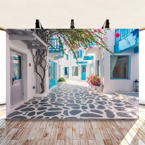 MIRRORANG 2,2x1,5m Greece Santorini Backdrop Blue Architecture Santorini Sreet Backdrop Wedding Honeymoon Decoration Bridal Shower Party Travel Event Background for Photography Vinyl - Image 4