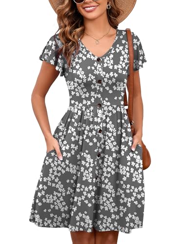Image of Heymoments Women's Ruffle Sleeve V Neck Swing Sundress Summer Casual A-Line Midi Dress with Pockets S-2XL