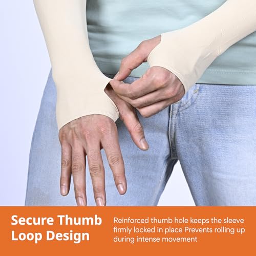 Image of FOVERA UV Sun Protection Arm Sleeves with Thumb Loop for Men & Women - UPF 50+ Cooling Hand Cover for Biking, Cricket, Driving & Cycling - Tan Protection Guard