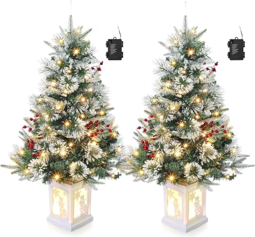 Juego de 2 árboles de Navidad pequeños de 90 cm con 78 Luces LED Blancas cálidas y Caja de luz de muñeco de Nieve, más de 160 Puntas de Rama, Color Verde, decoración navideña