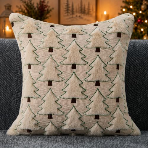 Image of Allorry Christmas Pillow Covers 18x18 inch Set of 2 Christmas Decorations Soft Plush Faux Fur Wool Beige Xmas Tree Throw Pillow Cases Winter Holiday Decor for Sofa Living Room PT-012C18