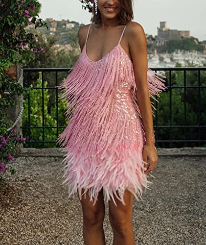 Image of xxxiticat Women's Sequin Flapper Dress Sleeveless Feather Hem Fur Fringe Tassel Splice Glitter Sparkly Shiny Mini Dress