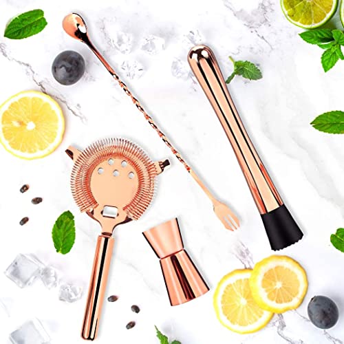 Cocktail Tools, JUSTDOLIFE Stainless Rose Gold Mixing Spoon Double Jigger with Cocktail Ice Muddler and Cocktail Bar Strainer for Home Bar Cocktail Drinks