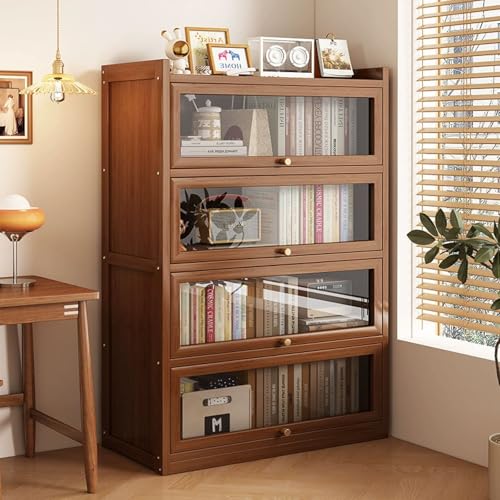 Estantería de madera con puertas de vidrio acrílico, estantes de almacenamiento de bambú de 3 niveles para sala de juegos y dormitorio, vitrina de trofeos con tapa abatible