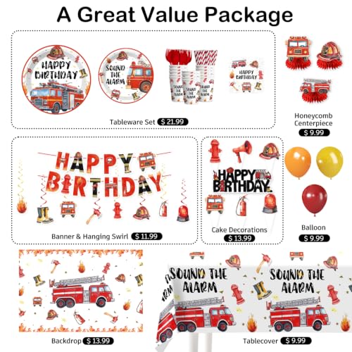 Image of 206Pcs cocomigo Firetruck Birthday Decorations Tableware Set, 25 Serves