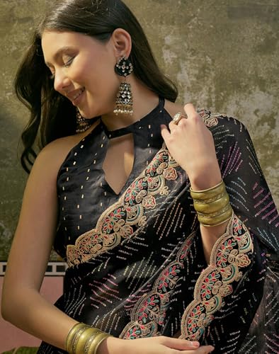 Image of SIRIL Women's Chiffon Scalloped Border Sequins Embroidery Saree with Unstitched Blouse Piece