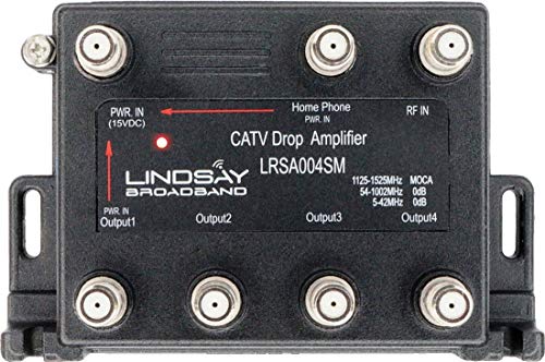 4-Port Cable TV/Internet Digital Signal Amplifier/Booster/Splitter with Unity Gain, Modem Bypass Port and MoCA Support, F59 Terminators (Lindsay LRSA004SM)
