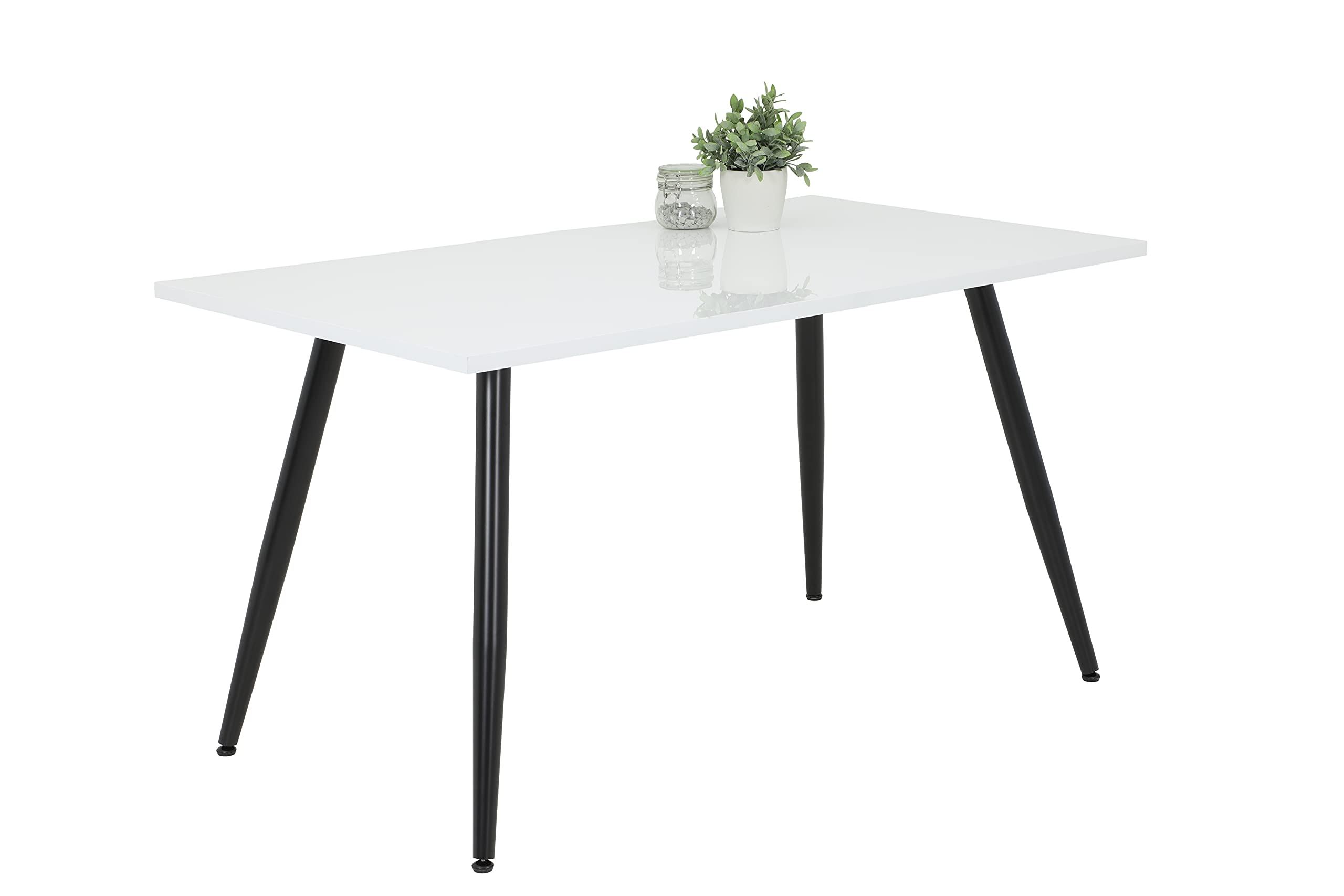 Hela Tische, Anika Table De Salle À Manger, Rectangulaire, Bois Laqué, Blanc Brillant, Piètement Tubulaire Rond Noir, 140 x 90 cm