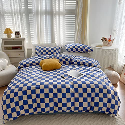Liwhenhao Checkerboard 100% Cotton Duvet Cover Set Twin Modern Geometric Abstract Simple Pattern Blue Cream White Bedding 1 Grid Comforter Cover 2 Pillowcases For Kids Girls Boys Teens #TOP6