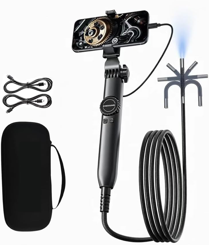 Two-Way Articulating Borescope Camera with Light, 1920P HD Snake Camera with 360° Rotation, 5ft IP67 Waterproof for Mechanics & Plumbers, Borescope with Articulating Head for iPhone & Android