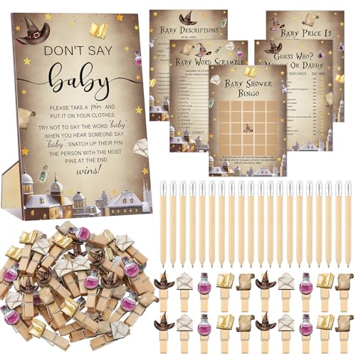 Image of Patelai 321 Pcs Magical Wizard Baby Shower Games Supplies, 5 Sets (50 Cards Each) Activities Cards with 20 Pencils 1 Don't Say Baby Sign 50 Clothespin