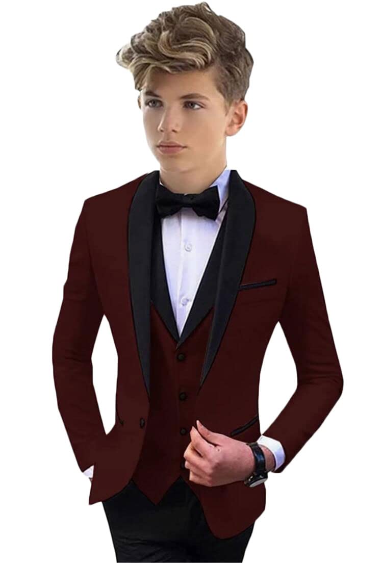 Shawl Lapel Formal Suit for Boys 3 PC Jacket Vest Pants Boys Party Suit Wedding Tuxedos Kids Suit Burgundy 6T