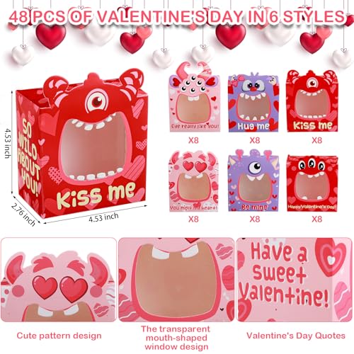Skyygemm 48 Pcs Valentine‘s Day Bakery Treat Boxes with PVC Window Monster Valentines Cookie Cupcake Boxes for Wedding Sweet Day School Classroom Prize Party Favors Supplies