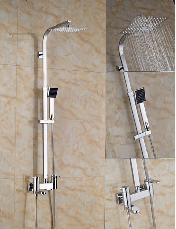Pomme de douche pluie carrée 20 cm et colonne chrome pour salle de bain familiale