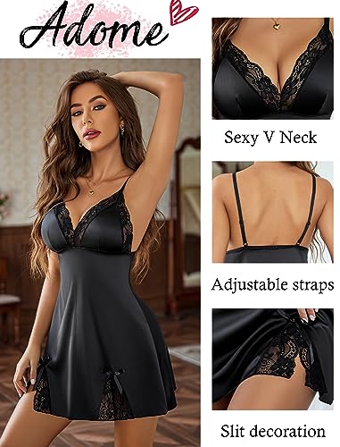 ADOME Lingerie for Women Lace Chemise Nightgown Satin Babydoll Dress Silk Slip Nightwear S-XXL3