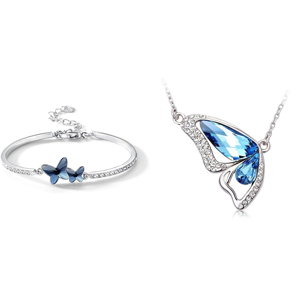 Shining Diva Valentine Gift Blue Stylish Crystal Silver Plated Platinum Plated Cubic Zirconia Charm Bracelet (Vg10958B) Platinum Plated Crystal Butterfly Pendant Necklace (rrr5957np)